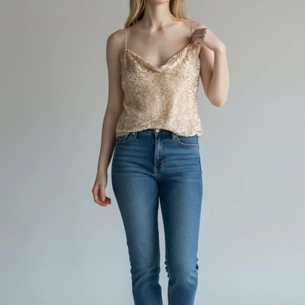 Vintage Cache Elegant Patterned Beaded Sleeveless Crop Blouse Made in USA Large